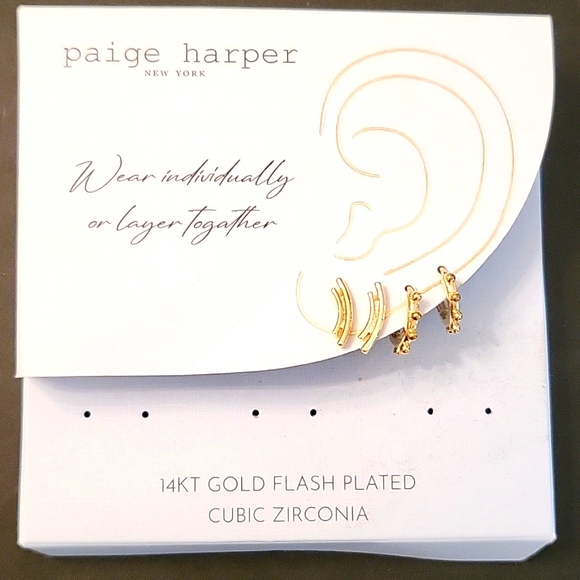 NEW Gold-Plated Earrings 2 Pairs! Studded Huggie Hoops & Curved Double Bar Studs - Picture 1 of 12